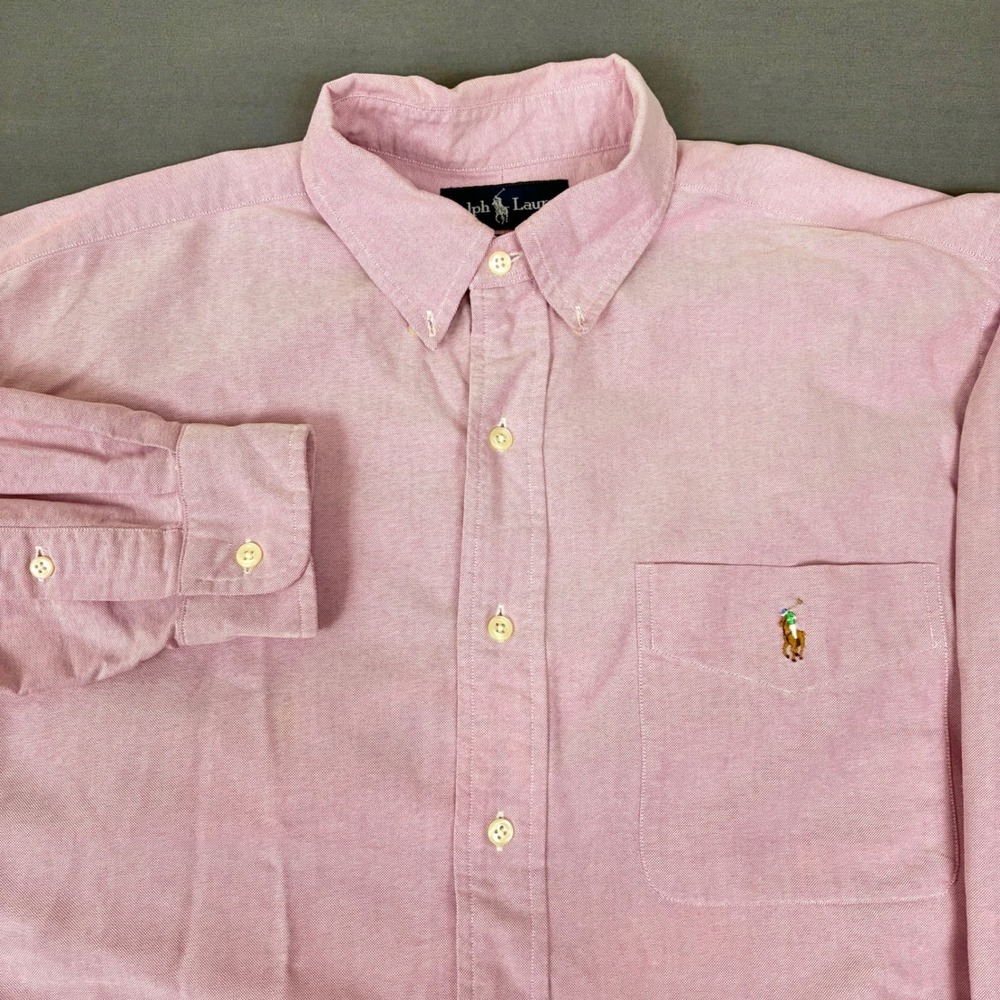 VTG Ralph Lauren Pink Long Sleeve Button Down Pocket Shirt Mens Large Flesh Pony